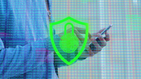 Animation-of-fingerprint-padlock-in-shield-and-grid-pattern-over-caucasian-man-using-cellphone