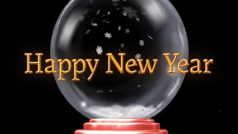 Animation-of-happy-new-year-text-over-snow-globe-on-black-background