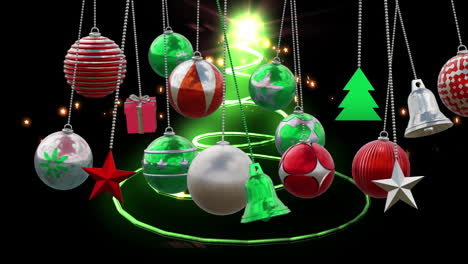 Animation-Von-Weihnachtskugeln-Dekorationen-über-Weihnachtsbaum-Auf-Schwarzem-Hintergrund