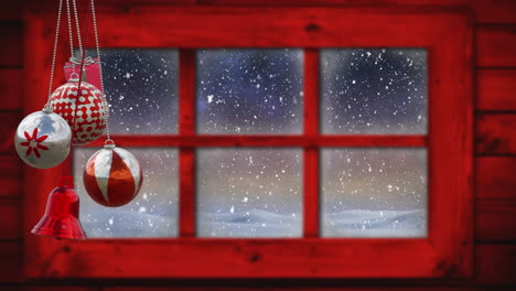 Animation-Von-Weihnachtskugeln-über-Dem-Fenster-Und-Fallendem-Schnee-Auf-Rotem-Hintergrund