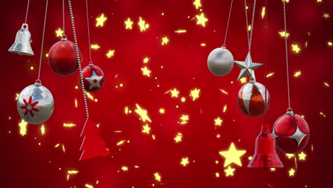 Animation-of-christmas-baubles-and-stars-falling-on-red-background