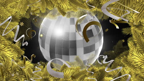 Animation-of-gold-and-silver-streamers-with-mirror-ball-on-black-background