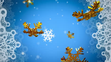 Animation-of-gold-snowflakes-christmas-decoration-on-blue-background