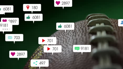 Animation-of-changing-numbers,-icons-in-notification-bars-over-close-up-of-rugby-ball