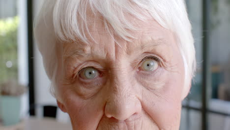 Portrait-of-happy-senior-caucasian-woman-smiling-at-home,-slow-motion