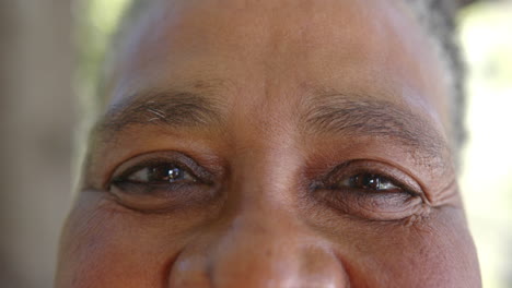 Portrait-close-up-of-eyes-of-happy-senior-african-american-woman-in-sunny-nature,-slow-motion
