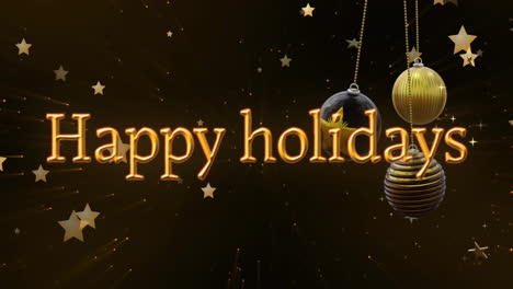 Animation-of-happy-holidays-text-with-baubles-over-stars-moving-on-abstract-background