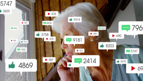 Animation-of-changing-numbers,-icons-in-notification-bars,-senior-thoughtful-caucasian-woman