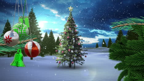 Animation-of-christmas-baubles-over-christmas-tree-and-snow-falling-on-blue-background