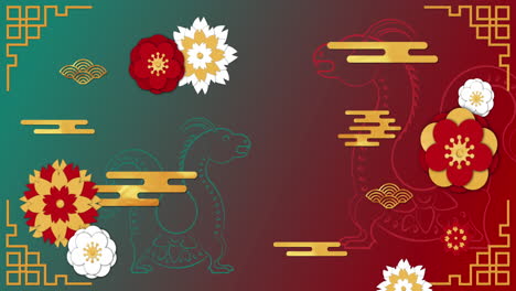 Animation-of-dragons-symbols-and-chinese-pattern-on-red-to-green-background