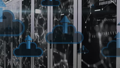 Animation-of-arrow-in-clouds-over-connected-dots-on-data-server-racks-in-server-room