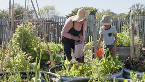 Senior-biracial-grandmother-and-grandson-watering-plants-in-sunny-garden,-slow-motion,-copy-space