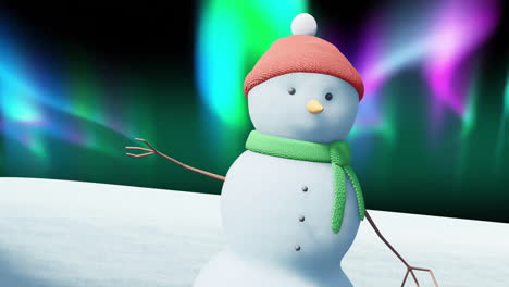 Animation-of-christmas-snow-man-moving-over-aurora-borealis-on-black-background