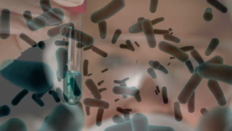 Animation-Von-Blutzellen-über-Einer-Nahaufnahme-Einer-Wissenschaftlerin-Mit-Gemischter-Abstammung,-Die-Eine-Flüssigkeit-In-Einem-Reagenzglas-Betrachtet