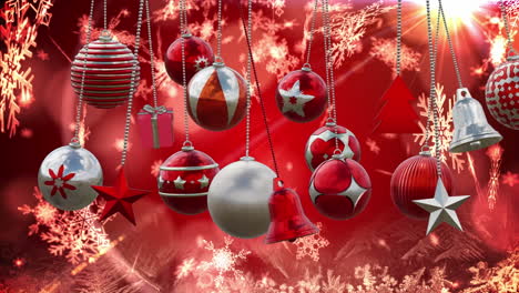 Animation-of-christmas-baubles-decorations-over-red-background