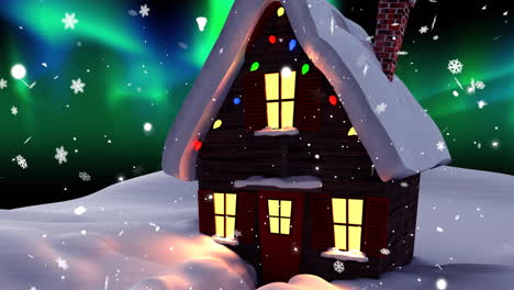 Animation-of-house,-snow-falling-and-aurora-borealis-in-christmas-winter-scenery-background