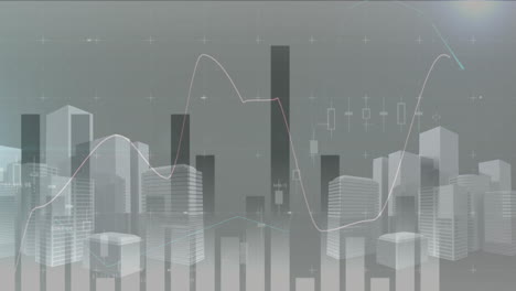 Animation-Mehrerer-Grafiken-Und-3D-Modell-Von-Gebäuden-Vor-Abstraktem-Hintergrund