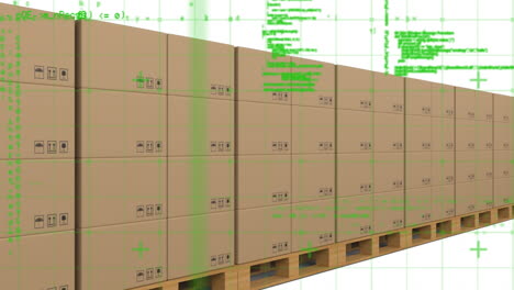 Animation-of-computer-language-and-cardboard-boxes-on-wooden-planks-against-white-background