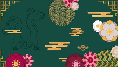 Animation-of-dragon-sign-and-chinese-pattern-on-green-background