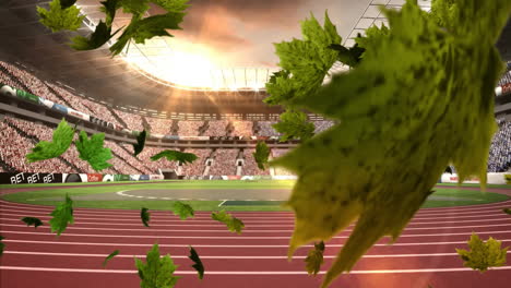 Animation-of-falling-leaves-over-circular-running-track-in-fully-packed-stadium-against-sky