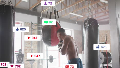 Animation-of-multiple-notification-bars,-african-american-boxer-practicing-punches-on-punching-bag