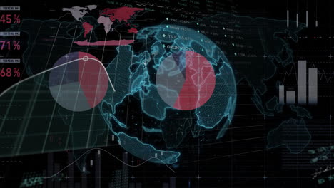 Animation-Einer-Mehrfarbigen-Infografik-Oberfläche,-Eines-Handelsbretts,-Eines-Globus-Und-Einer-Karte-Auf-Schwarzem-Hintergrund