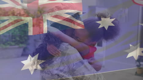 Animación-De-La-Bandera-Australiana-Sobre-Una-Hija-Diversa-Abrazando-Fuertemente-A-Su-Madre-Después-De-Regresar-A-Casa