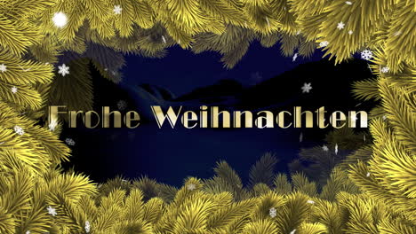 Animation-of-frohe-wihnachten-text-over-branches-and-winter-scenery-background