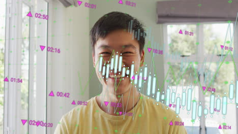 Animation-of-multiple-graphs-with-changing-numbers-over-smiling-asian-man-standing-at-home
