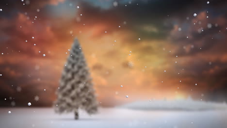 Animation-of-snow-falling-over-christmas-winter-scenery-with-tree-background