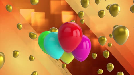 Animation-Von-Bunten-Ballons,-Die-über-Beleuchtete-Quadrate-Vor-Orangefarbenem-Hintergrund-Fliegen