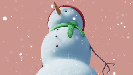 Animation-Eines-Weihnachtlichen-Schneemanns,-Der-Sich-über-Fallenden-Schnee-Auf-Orangefarbenem-Hintergrund-Bewegt