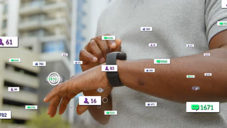 Animation-of-notification-bars-over-midsection-of-african-american-man-scrolling-on-smartwatch