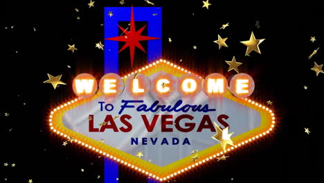Animation-Des-Willkommenstextes-Im-Fabelhaften-Las-Vegas,-Nevada,-Auf-Einem-Schild-Und-Sternen-Auf-Schwarzem-Hintergrund