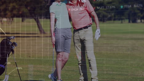 Animation-of-graphs,-trading-board-over-caucasian-man-teaching-partner-to-play-golf-at-golf-course