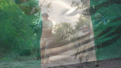 Animation-of-nigerian-flag-waving-over-diverse-soldiers-with-guns-walking-in-forest