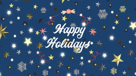Animation-of-abstract-pattern-on-happy-holiday-text-with-snowflakes,-stars-over-blue-background