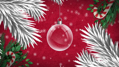 Animation-of-schristmas-bauble-and-fir-tree-branches-on-red-background