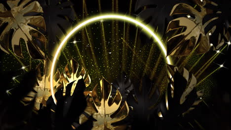 Animation-of-gold-leaves-and-circle-and-fireworks-on-black-background