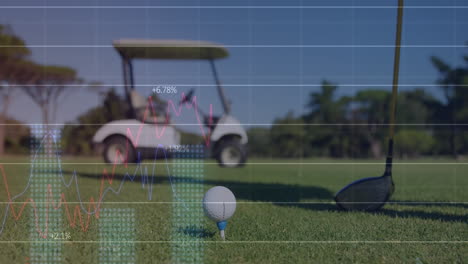 Animation-of-graphs-with-changing-numbers,-close-up-of-golf-ball-on-ground-and-golf-club