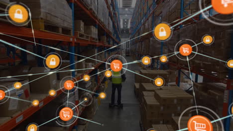 Animation-of-connected-icons-over-workers-with-cardboard-boxes-using-hoverboard-in-warehouse