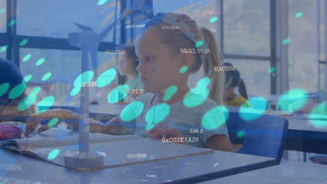 Animation-of-multiple-graphs,-numbers,-map-over-caucasian-girl-with-windmill-model-in-classroom