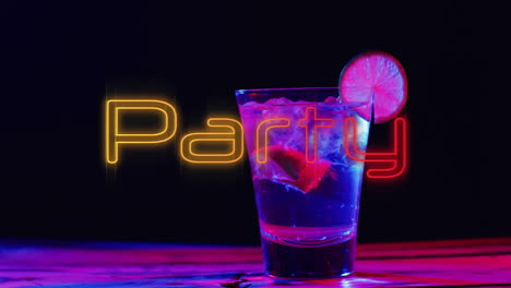 Animation-of-party-neon-text-and-cocktail-on-black-background