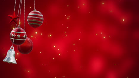 Animation-of-baubles-and-spots-of-light-falling-on-red-background