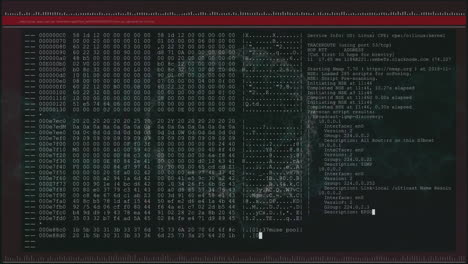 Animation-of-numbers,-computer-language-in-terminal-interface-with-human-brain-over-black-background