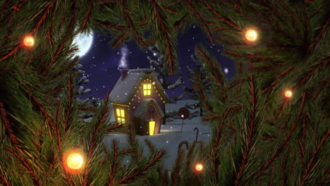 Animation-of-fir-tree-branches-with-fairy-lights-over-house-snow-falling-on-blue-background
