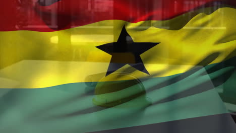 Animation-of-flag-of-ghana-waving-over-yellow-helmet-and-floor-plan-on-table-against-glass-window