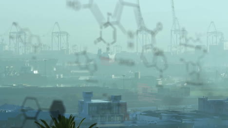 Animation-of-molecule-structures-and-computer-language-over-modern-city-against-sky