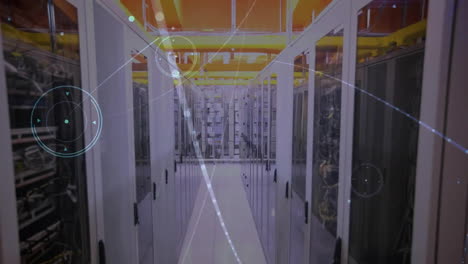 Animation-of-connected-dots-and-lens-flares-over-data-server-racks-in-server-room