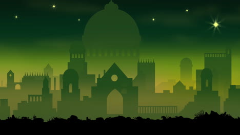 Animation-of-black-silhouette-of-cityscape-on-green-background